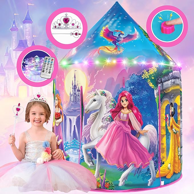 W&O Princess Tent with Fantasy Sound Button, LED Lights, Crown & Wand – Magical Indoor & Outdoor Playhouse for Kids Ages 3-8