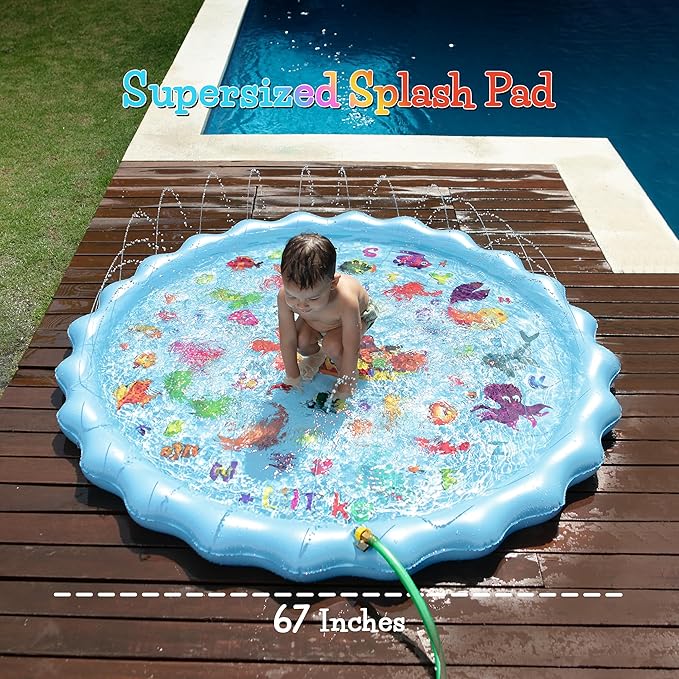 Large Splash Pad for Kids - Alphabet and Mermaid Design - Extra Durable and Non-Toxic Kids Splash Pad with Steady Water Flow - Splash Pads for Toddlers 1-3 and Up - 66.9”.