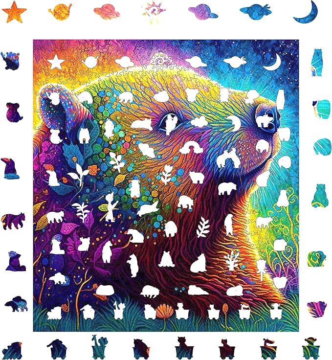 Bear Wooden Jigsaw Puzzles, 200 Pcs Medium Size 11.2'' x 10.2'', Unique Shaped Wood Puzzle, Beautiful Package, Best Gift for Adults