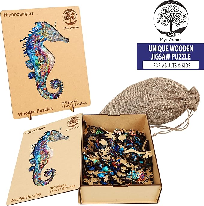 Unique Wooden Jigsaw Puzzles - Unicorn Seahorse, 300 Pcs King Size 11.4" x 17.9", Animal Shaped Wood Puzzle, Beautiful Package, Best Gift for Adults and Kids, Family Game