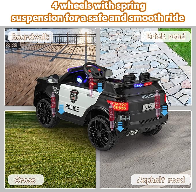 TOBBI Police Car Ride on Electric Car for Kids to Drive Battery Powered Ride-on Toys Cop Cars with Remote Control, Siren, Flashing Lights, Music, Spring Suspension, Carbon Black