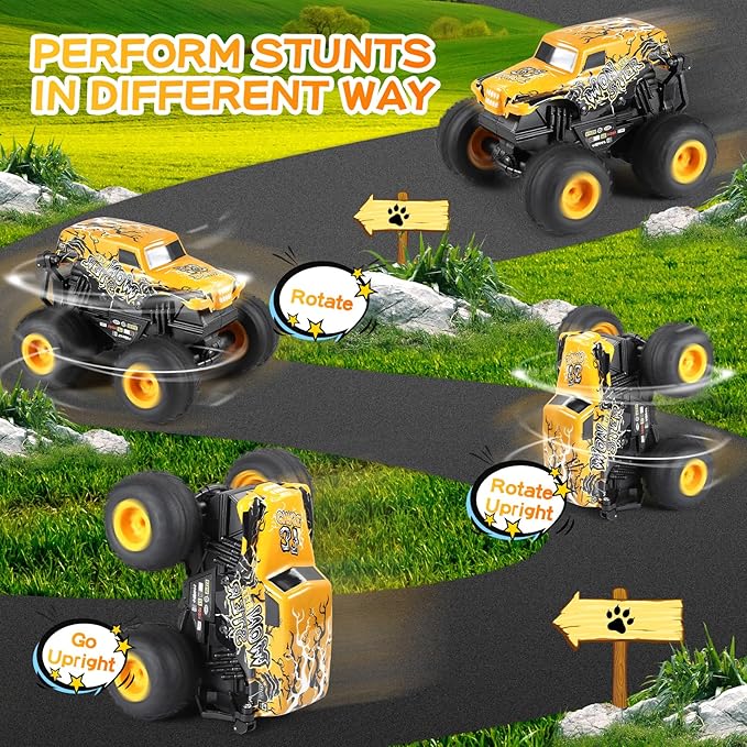 Remote Control Car, 2.4Ghz All Terrain Monster Truck Toys, RC Truck with Music, 3 Lighting Effects, 360 Stunt Capable, All Included Ready to Run, Toy Gifts for Boys and Girls (Yellow)