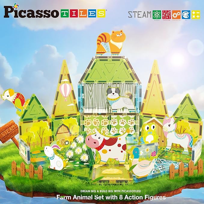 PicassoTiles Magnet Tile Building Blocks Farm Animal Toy Set with 8 Character Action Figures Magnetic Tiles STEM Learning Kit Playset Educational Pretend Play Preschool Toddler Child Kid Age 3+ PTQ17