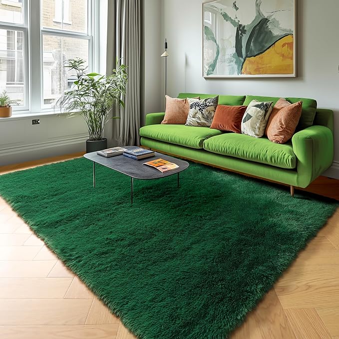 PAGISOFE Fluffy Shag Area Rug for Living Room, 5x8 Ft, Fluffy Shag Fuzzy Carpet Shaggy Rugs for Boys Bedroom, Soft Fuzzy Emerald Green Rugs for Kids Boys Baby's Room Decor Aesthetic, Dark Green