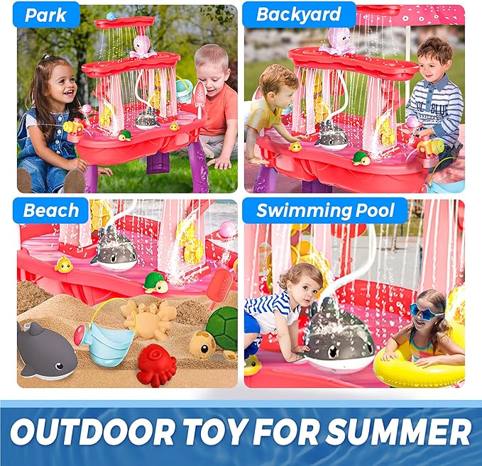 BELLOCHIDDO Water and Sand Table with Water Pumb & Umbrella - Summer Toys 3-Tier Kids Water Play Table, Outdoor Beach Toys with Cute Accessories