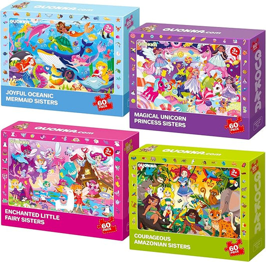 QUOKKA Princess Puzzles for Kids Ages 4-6 - Toddler Puzzles Ages 3-5 - 4-Pack 60 Piece Search and Find Jigsaw Puzzle 6-8 - Unicorn Mermaid Fairy Puzzle for Girls - Learning Educational Toy for 5 Year