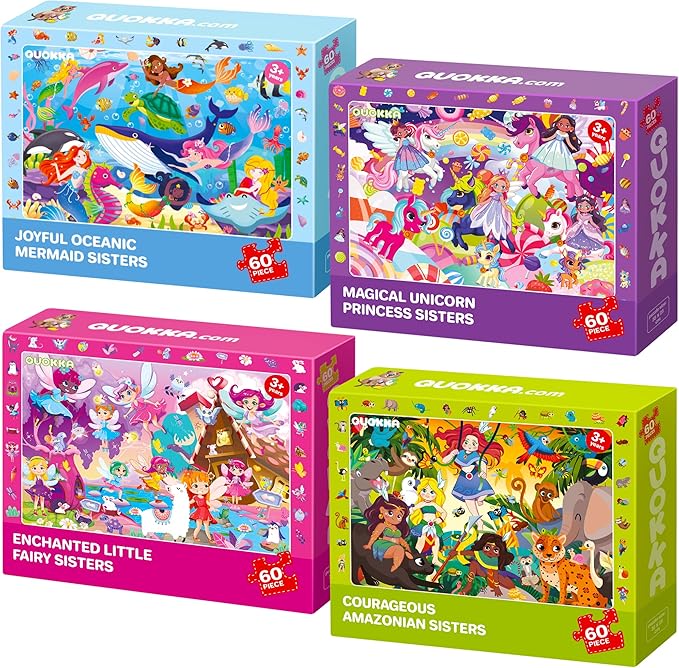QUOKKA Princess Puzzles for Kids Ages 4-6 - Toddler Puzzles Ages 3-5 - 4-Pack 60 Piece Search and Find Jigsaw Puzzle 6-8 - Unicorn Mermaid Fairy Puzzle for Girls - Learning Educational Toy for 5 Year