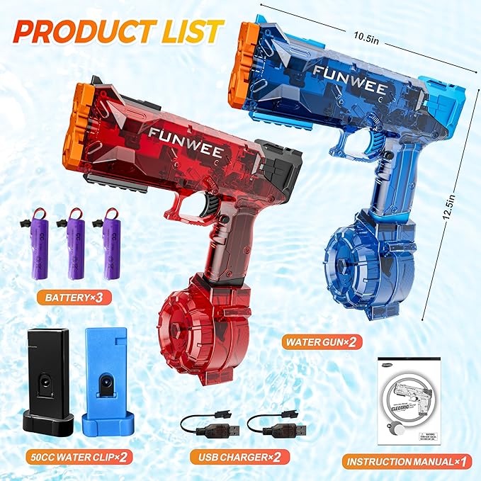2025 New Upgrade 2 Pack Electric Water Guns, Light Up Full Automatic Squirt Gun High Capacity 500+ Water Blasts, Long Range Water Blaster Soaker, Outdoor Pool Auto Water Toy for Adult Kid