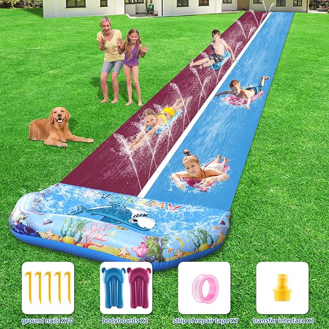 VEEST 33 FT Extra Long Water Slides for Kids Adults, Giant Double Lawn Water Slip Heavy Duty with 2 Bodyboards, Summer Water Slides Toys with Crash Pad for Backyard Outdoor