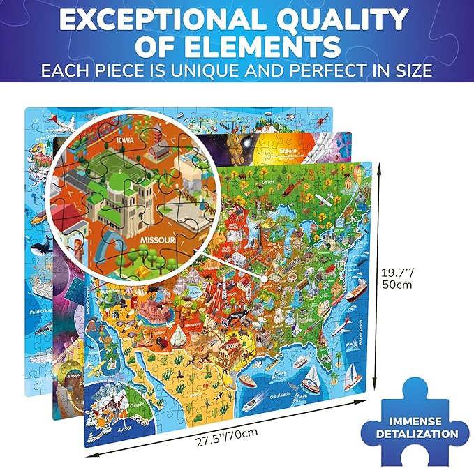 QUOKKA Puzzles for Adults 1000 Pieces - 3 Set Floor Puzzles for Kids Ages 8-10 - Learning Map of The United States World Space - Educational Games for Kids 6-8 - Toys for 12 Year Old Boys and Girls