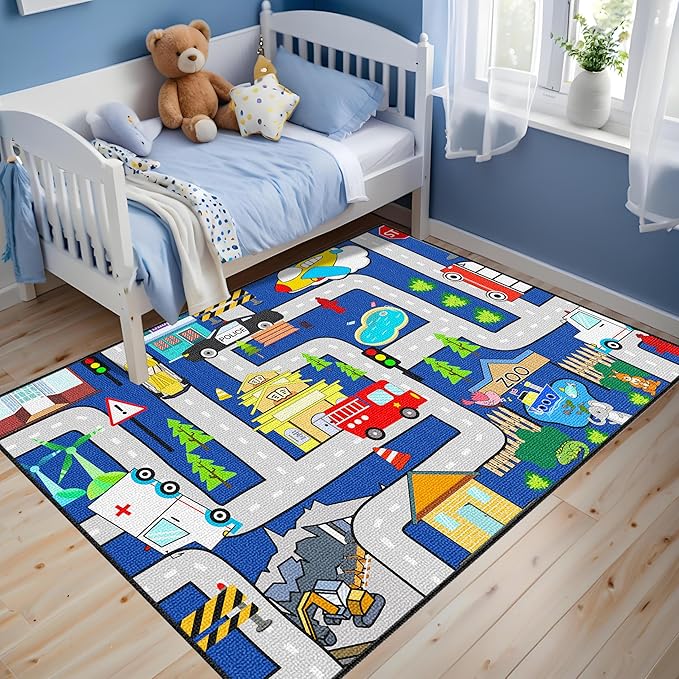 Kids Carpet Playmat Rug - Kids Car Rug Play Mat, City Life Map Car Mat for Kids Toy Educational Play Traffic Road Carpet for Bedroom (Sky Blue, 2.5x4 Feet)