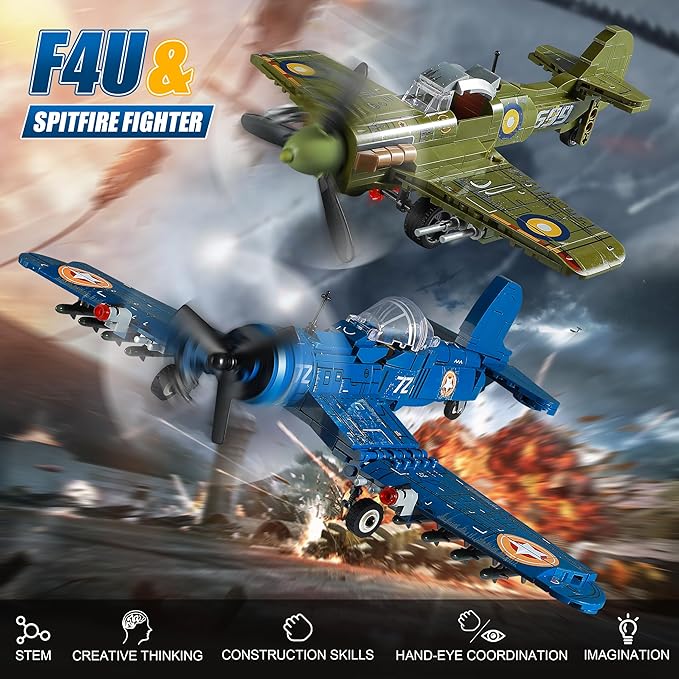 WW2 Military Plane Building Sets Compatible with Lego, Create US F4U & UK Spitfire Fighter Jet Models Toys, Great Army Airplane Aircraft Gifts for Boys Kids