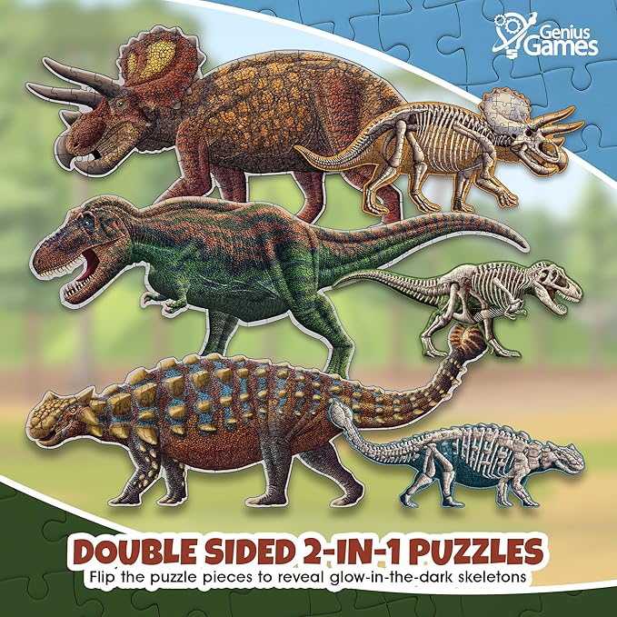 Tyrannosaurus Rex, Triceratops and Ankylosaurus Dinosaur Puzzle Bundle | 100-Piece Each with Glow-in-The-Dark Skeleton On Other Side | 4 FT Scientifically Accurate Dino Illustration