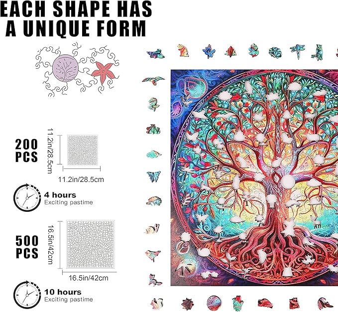 Unique Wooden Jigsaw Puzzles - Mandala Tree of Life, 500 Pcs King Size 16.5'' x 16.5'', Luxurious Shaped Wood Puzzle, Beautiful Package, Best Gift for Adults and Kids, Family Game