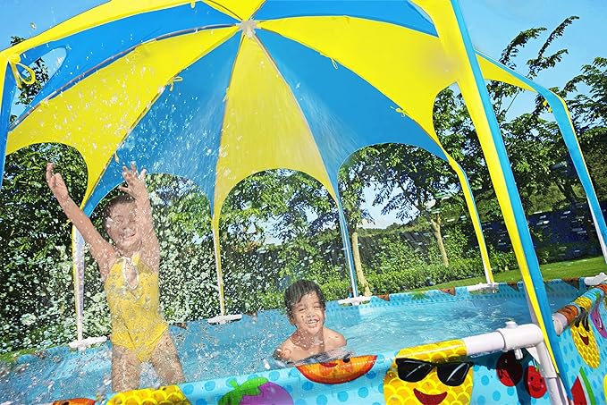 H2OGO! Kids Splash-in-Shade 8-Foot Round Steel Frame Above Ground Pool with Water Mister and Canopy Sunshade, Green Tropical Leaf Print