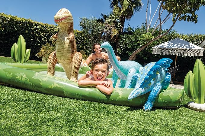 INTEX Jurassic Adventure Inflatable Kiddie Pool with Water Sprayer, Slide & Dinosaurs - 79" x 79" x 14" - Ages 2+
