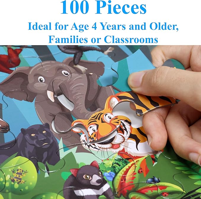 Think2Master Colorful Rainforest Jungle Zoo Animals 100 Pieces Jigsaw Puzzle Fun Educational Toy for Kids, School & Families. Great Gift for Boys & Girls Ages 5-8 4-6 6-8 8-10 23.4” X 16.5”
