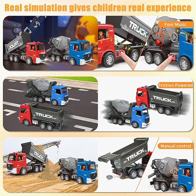 Remote-Control-Excavator and Dump-Truck - Kids-Play- Construction-Engineering-Vehicles Toy Set with Crane Mixer,Realistic Lights and Sounds,Christmas Birthday Gifts for Boys Girls Ages 3-12+