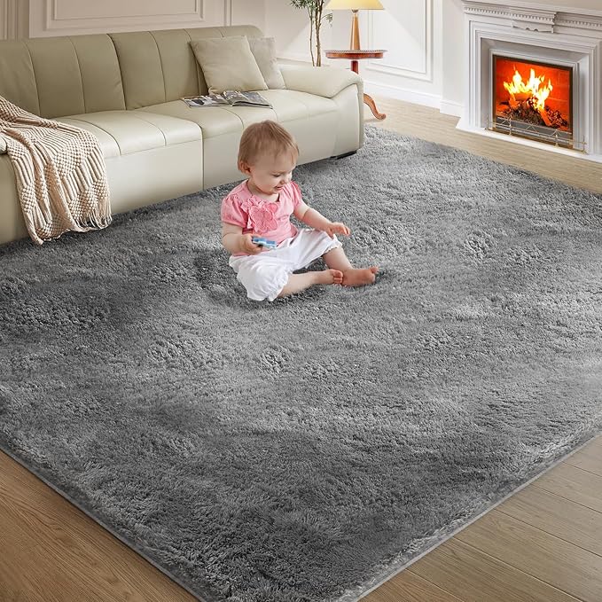 Ultra Soft Rug for Living Room, 8X10 Grey Fluffy Shag Area Rug for Bedroom, Modern Shaggy Carpets Fuzzy Rug for Teens Dorm Nursery Home Decor Aesthetic, Upgrade Anti-Skid Durable