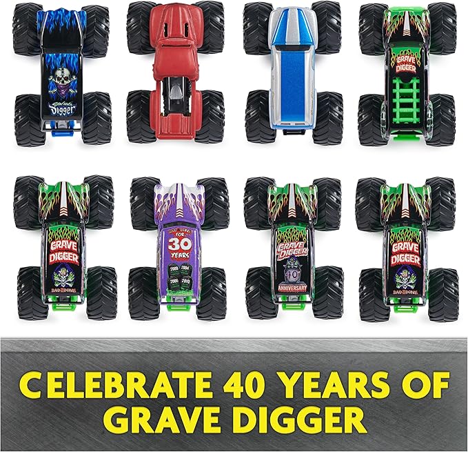 Monster Jam, Grave Digger 40th Anniversary 8-Pack Monster Trucks with Bonus Accessories, 1:64 Scale, Kids Toys for Boys and Girls 3 and up