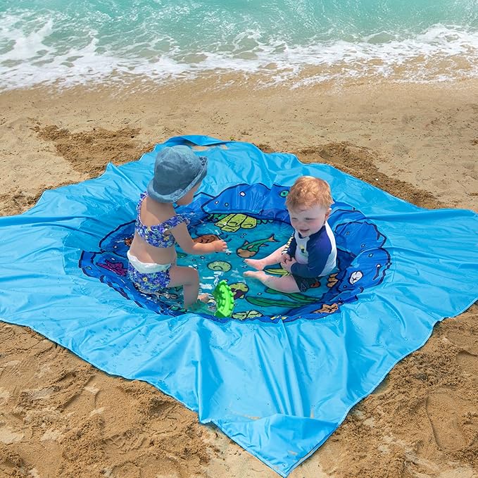 RunNico 6.6 x 6.6 Ft Portable Baby Beach Pool, Waterproof Beach Pool Blanket for Toddler with Water Bag, Collapsible Beach Puddle Mat for Boys Girls Kids Infant Outdoor Summer Vacation