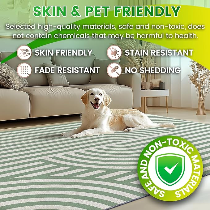 Washable 8x10 Modern Area Rug for Living Room, Sage Green Minimalist Aesthetic Abstract Boho Large Rugs, Ultra-thin Low Pile Soft Nonslip Indoor Floor Carpet for Office Bedroom Playroom Classroom Dorm