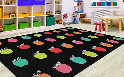 Flagship Carpets Schoolgirl Style Stylish Black & White Brights Apple Sit Spot Classroom Area Rug for Indoor Classroom Learning or Kid Bedroom Educational Play Mat, 7'6" x 12'