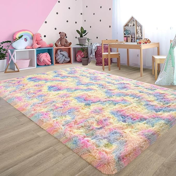 Rainbow Fluffy Rug for Girls Bedroom Soft Carpet, 4x6 Unicorn Rainbow Rug Cute Shag Area Rugs for Dorm Classroom Living Room Baby Toddler Kids Girls Room Nursery, Colorful Kawaii Home Decor