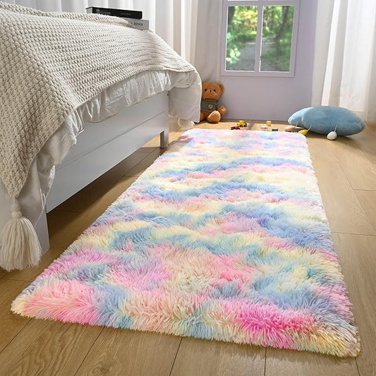 Rainbow Bedroom Runner Rug 2x6 Rainbow Fluffy Rug for Girls Bedroom Soft Carpet Runner, Long Cute Unicorn Shag Rugs for Dorm Classroom Living Room Kids Room Nursery, Colorful Kawaii Home Decor