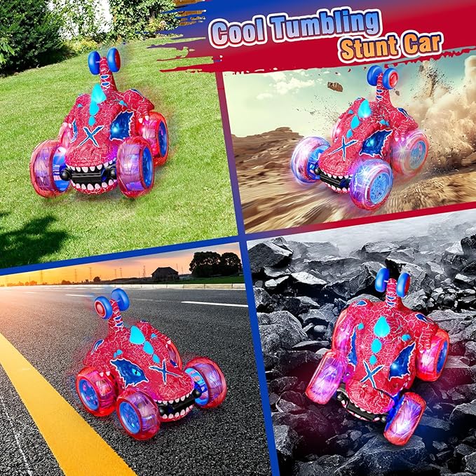 Carsky Remote Control Car RC Cars for Boy 360°Stunt Rotation 4WD Remote Cars for Kids 3-6 Double Sided Dinosaur Toy with Lights,2.4GHz Electric Toy Car,Easter Birthday Gift for 3 4 5 6 Year Old Boy