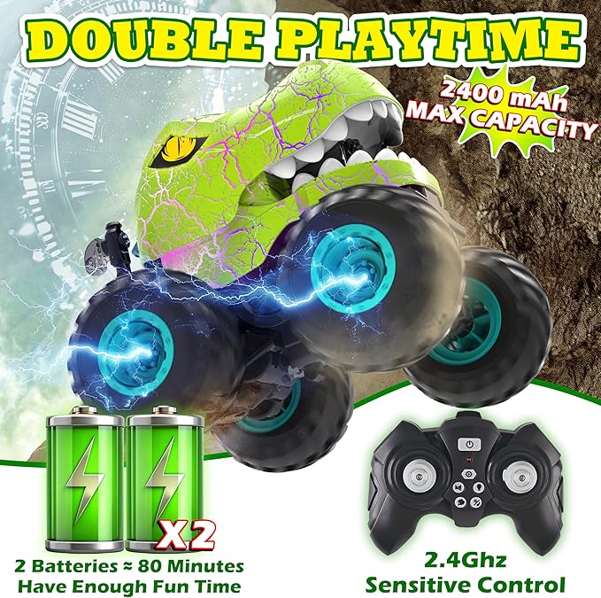 Monster Truck Toys for Boys Age 4-7, Remote Control Dinosaur Cars with Dino FlashCard, T Rex Dinosaur Toys 2 Battery, Spray, Light, Music, Remote Control Car Kids 4 5 6 7 8 Years Old Boy Gift