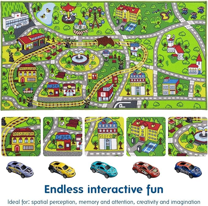 Booooom Jackson City Playmat Rug, Green, 60 x 32 inches, Non-Slip, Machine Washable, Compatible with Hot Wheels and Matchbox Cars, Ideal for Kids Room or Playroom