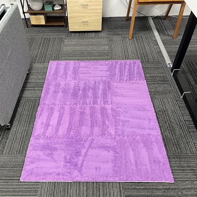 Interlocking Carpet Shaggy Soft EVA Foam Mats Fluffy Area Rugs Protective Floor Tiles Exercise Play Mat for Children Kids Room Home Parlor Bedroom (12 Pcs, Purple)