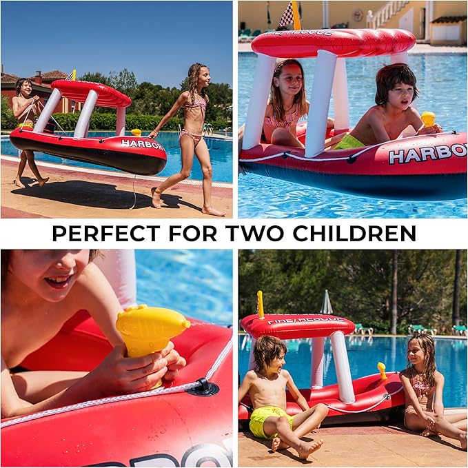 Zone Tech Inflatable Patrol Boat Pool Float and Harbor Master Boat Pool Float Ride On Fun Water Toy Squirter