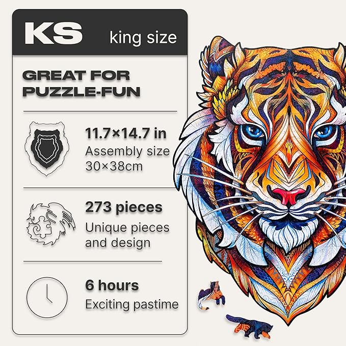 UNIDRAGON Original Wooden Jigsaw Puzzles - Lovely Tiger, 273 Pieces, King Size 11.7"x14.7", Beautiful Gift Package, Unique Shape Best Gift for Adults and Kids