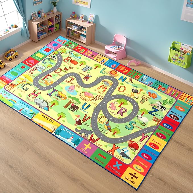 Terrug Kids Rug for Playroom & Classroom, Washable Nursery Carpet, Non-Slip Play Mat - ABC, Numbers, Animal, Color, Season - 3x5 Feet