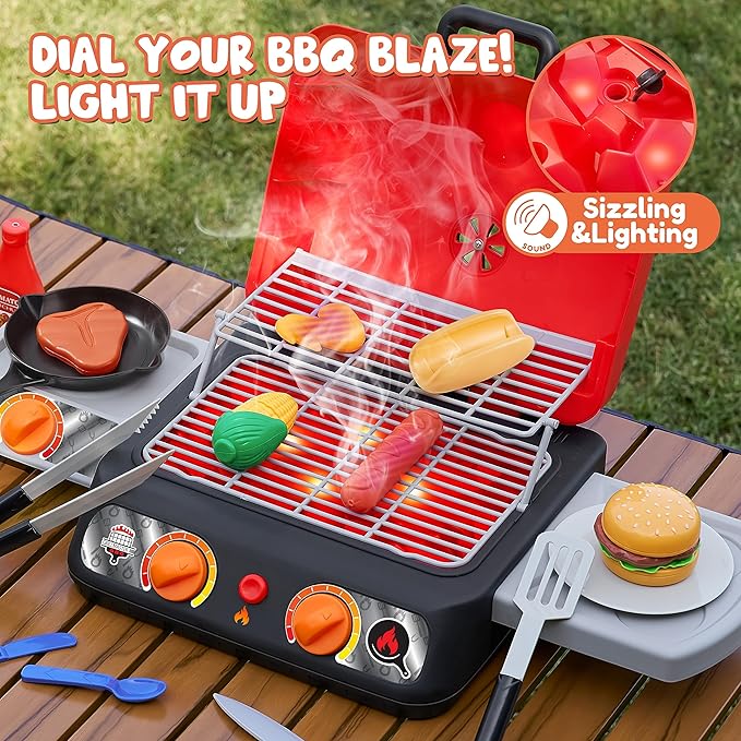 Kids BBQ Grill Playset, Kitchen Toy Set with Pretend Smoke, Light, Sound & Color-Changing Food, Play Kitchen Accessories, Indoor Outdoor Cooking Toy for Boys Girls Kids Birthday Gift