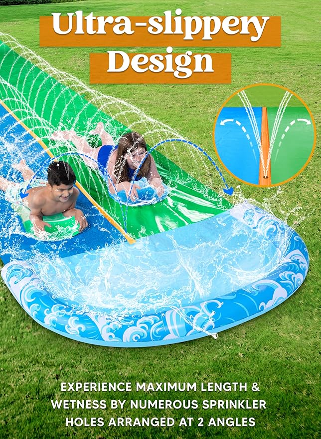 JOYIN 22.5FT Water Slide and 2 Inflatable Boards, Extra Long Heavy Duty Double Lawn Waterslide with Sprinkler for Kids Adults Backyard Summer Water Toy Outdoor Fun, Blue, Green