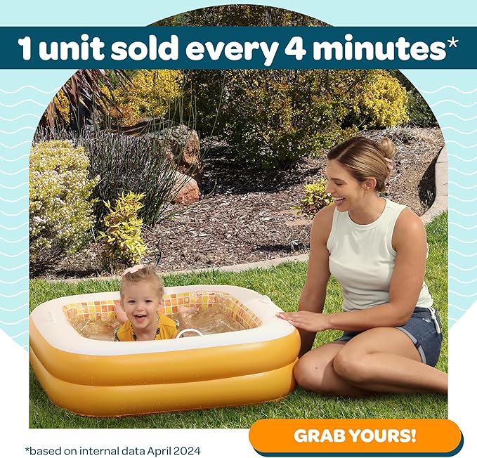 Baby and Toddler Pool with Cushioned Floor, Handles & Drain, 34"x10" Skin Safe Small Square Inflatable Kiddie Pool Portable Bathtub and Ball Pit, Summer Outdoor Gift for Babies, Infants & Toddlers 1-3