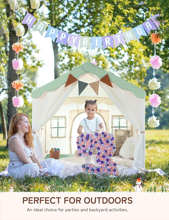 BESREY Kids Play Tent - 2 in 1 with Padded Mat & Lights, Large Playhouse with 2 Doors & 4 Windows, Indoor & Outdoor, Christmas Toddler Play Tent, 51" x 35" x 51