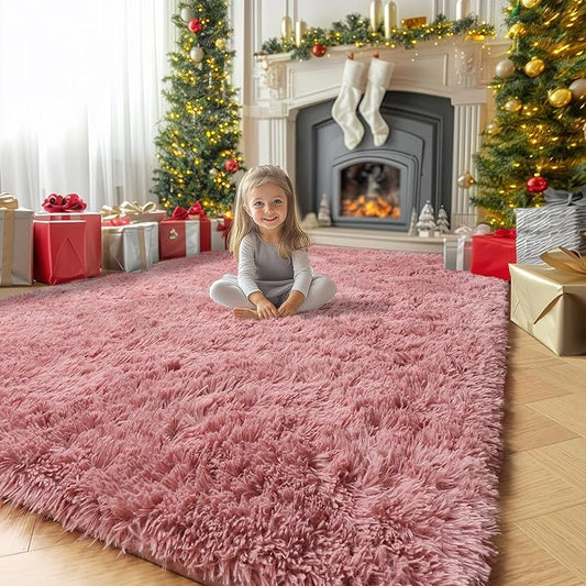 Amdrebio Blush Pink Kids Area Rugs for Girls Bedroom, 5x8 Shaggy Fuzzy Fluffy Kawaii Rugs for Living Room Playroom, Furry Plush Shag Floor Carpet for Nursery Dorm Classroom, Cute Dusty Rose Mauve Rug