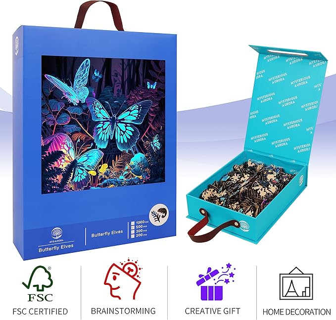 Wooden Puzzles, Butterfly Wooden Jigsaw Puzzles Glow in The Dark, 500 Pieces Unique Shaped Wooden Puzzles for Adults and Kids 16.5 x 16.5 Inch