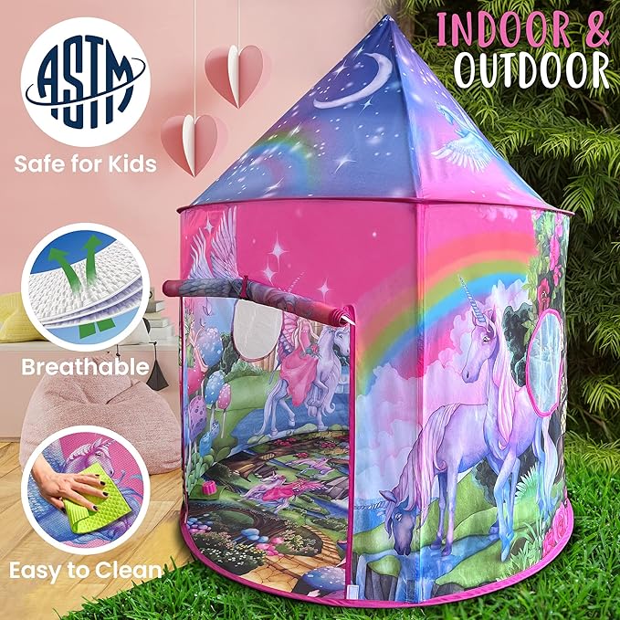W&O Unicorn Sparkle Play Tent with Magical Unicorn Sounds - Captivating Pop Up Tent for Girls - Perfect for Indoor & Outdoor Play