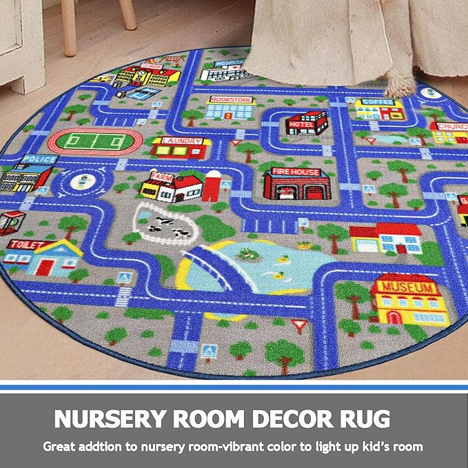 Capslpad Blue Car Road Kid Rug Carpet Playmat for Playoom Traffic Road Kids Play Mat for Toddler Non Slip Washable City Map Race Track Carpet Rug for Kids Room Bedroom Nursery Room Decor,4'x4'