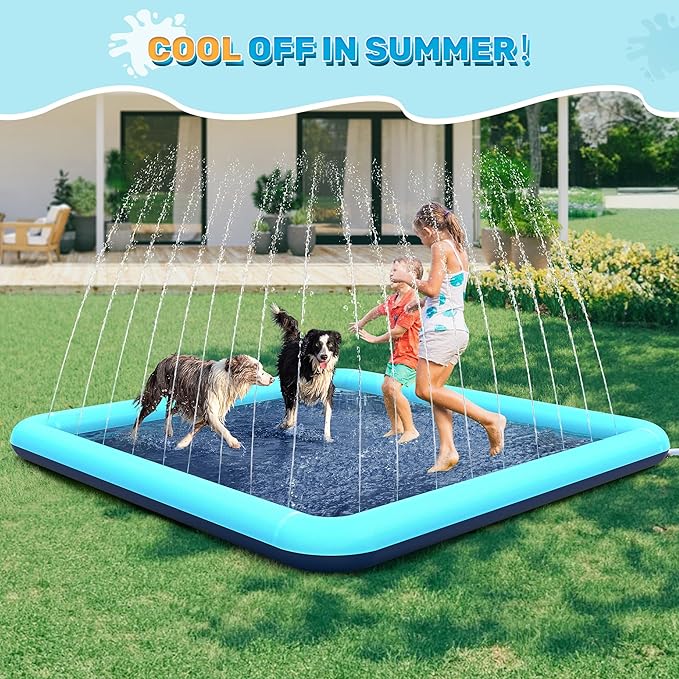107'' Splash Pad for Dogs, Non-Slip Sprinkler for Kids, Square Splash Pad for Kids Ages 4-8, Splash Pads for Toddlers 1-3, Dog Sprinkler Shallow Pool, Outdoor Water Toys for Backyard, Teal