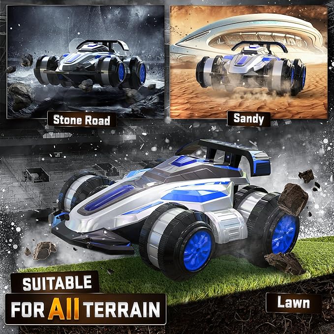 BEZGAR Upgraded Remote Control Cars for Boys Age 4-7 - 360 Spin Rotating Fast RC Vehicle, 4WD Upright Walking Rc Stunt Car with LED Lights Music, 2.4Ghz Indoor/Outdoor All Terrain Cars(Blue)