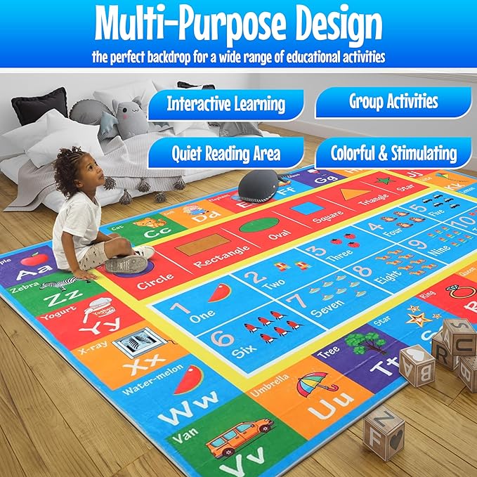 Hudson Comfort Classroom Rug 9x12 - Rugs for Elementary, Daycare, Nursery, and Playroom - Super Soft Non-Slip Carpet - Kids Fun Floor Mat for Playtime (Alphabet)