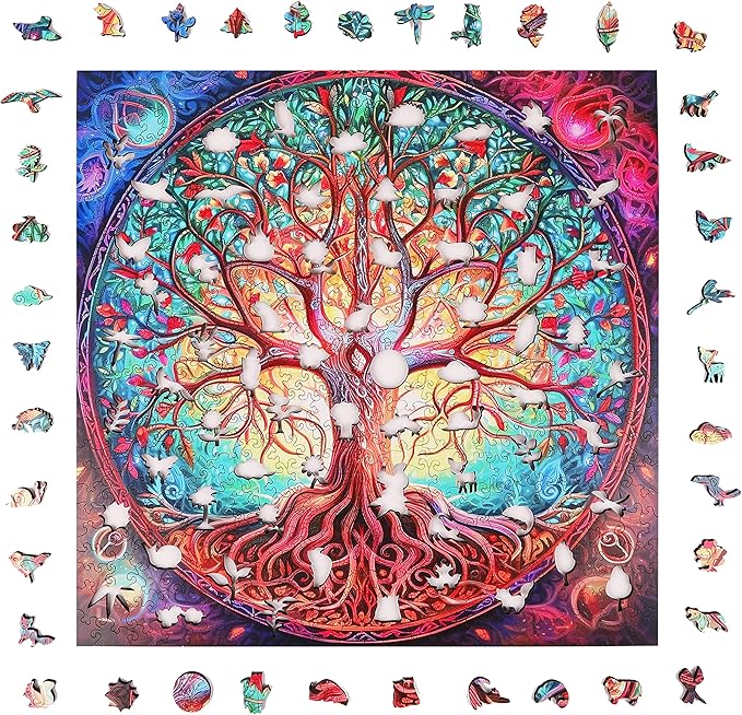 Unique Wooden Jigsaw Puzzles - Mandala Tree of Life, 500 Pcs King Size 16.5'' x 16.5'', Luxurious Shaped Wood Puzzle, Beautiful Package, Best Gift for Adults and Kids, Family Game