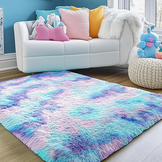 PAGISOFE Machine Washable Rainbow Runner Rugs for Girls Bedroom Hallway Plush Fluffy Purple Rug 3x5 Ft,Soft Carpet for Living Room, Non-Slip Indoor Floor Rugs for Nursery Kids Girls Room Home Decor