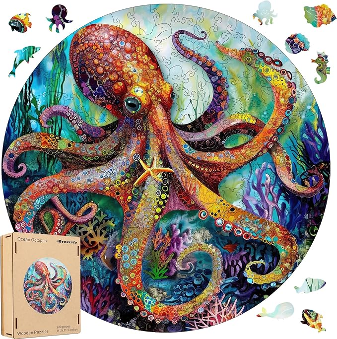 Wooden Puzzle for Adults 500pcs, Octopus Wooden Jigsaw Puzzles, Unique Shape Animal Adult Puzzles, Irregular Wood Puzzles Best Gift for Adults and Kids Family Game(15.6 * 15.6 in)